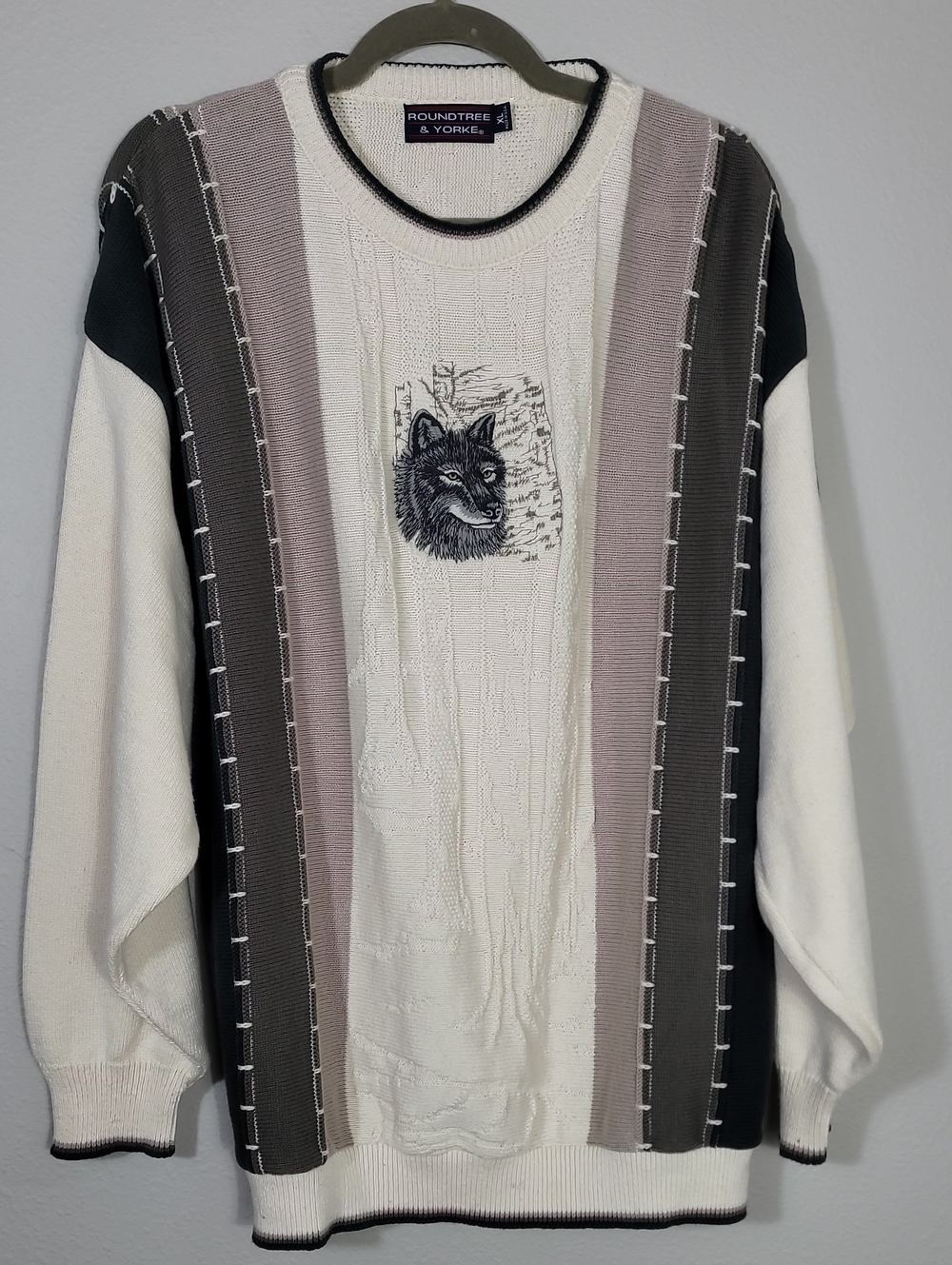 90s Vintage Roundtree & York Wolf Graphic Chunky Knit Sweater Size XL